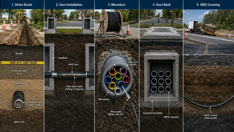 Underground fiber optic cable laying methods Underground fiber optic cable laying methods