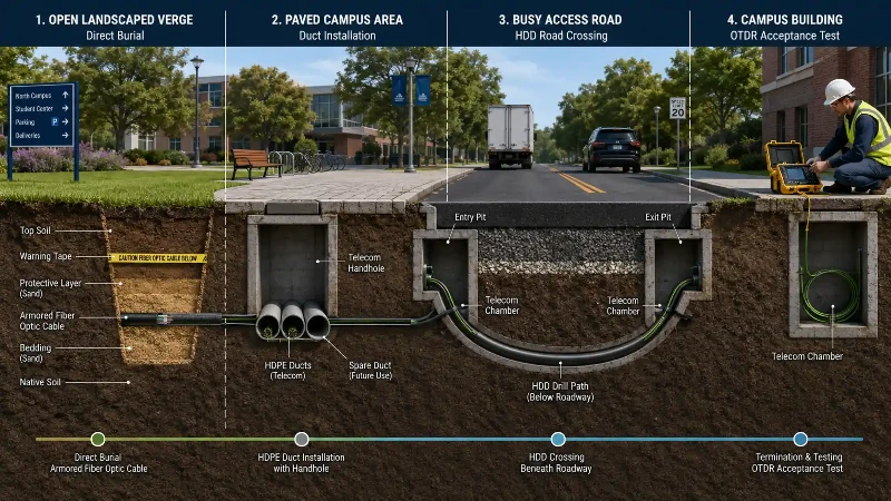 Underground fiber optic cable route installation example Underground fiber optic cable route installation example